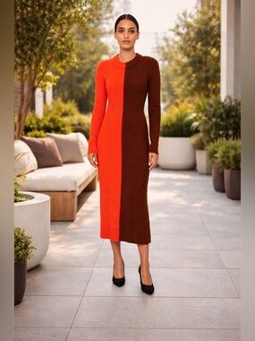 NEW Marina Moscone Longsleeve Knit Midi Dress – Size XS – Poppy/Brown-MSRP($850)